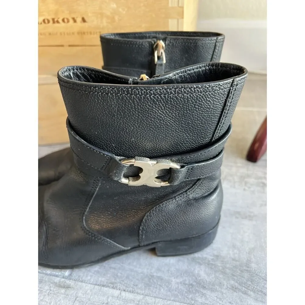 Tory Burch Gemini Link Black Pebble Leather Ankle Booties Moto Boots Size 8 READ